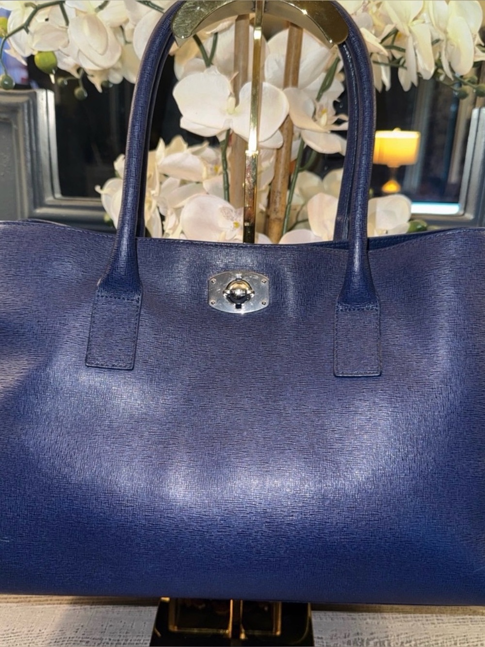 Furla Deep Blue Leather Tote - Structured Top-Handle